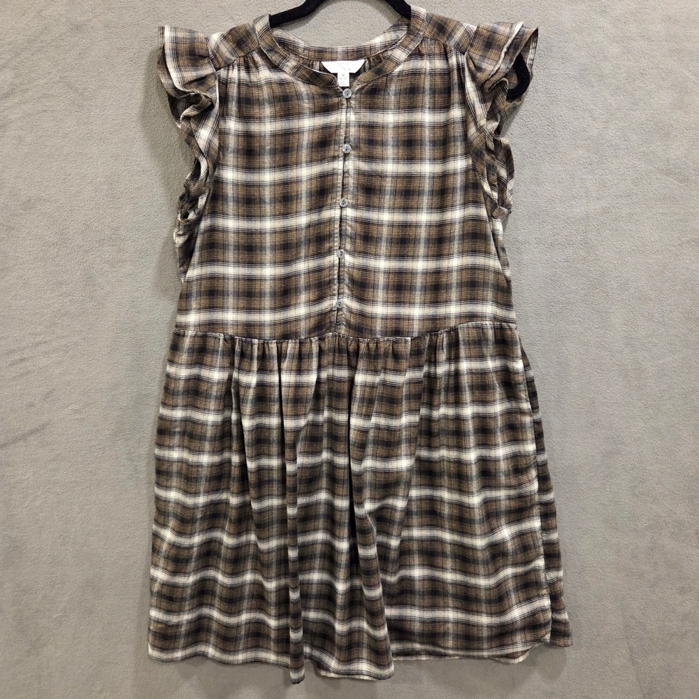 Ruffle Sleeve Plaid Mini Dress‎ Women's Medium Cottagecore Grunge Casual Pockes
